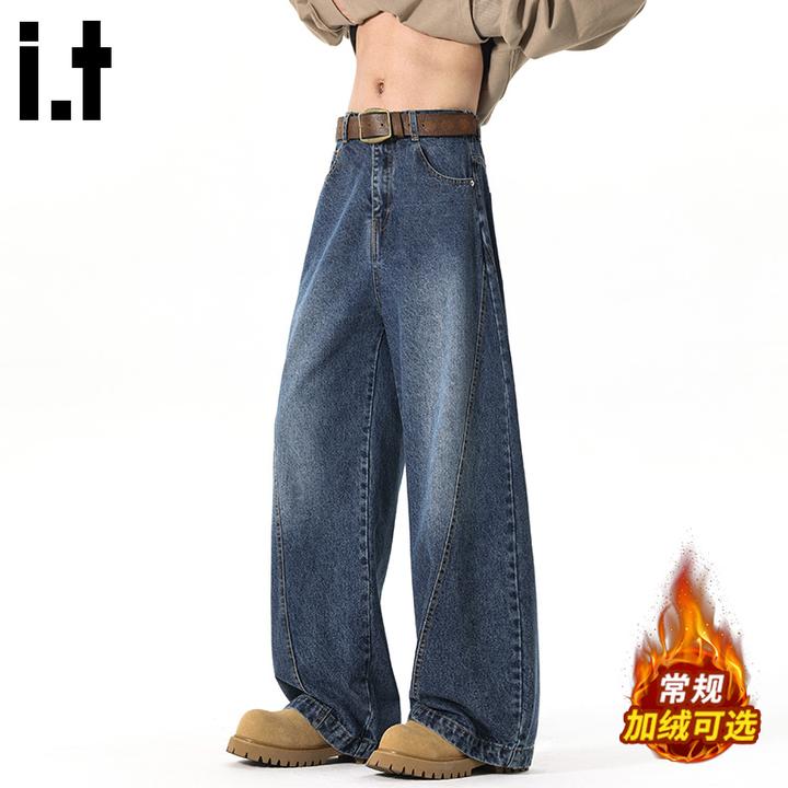 i.t:CHOCOOLATE潮牌加绒牛仔裤男士秋冬款宽松直筒百搭保暖阔腿裤