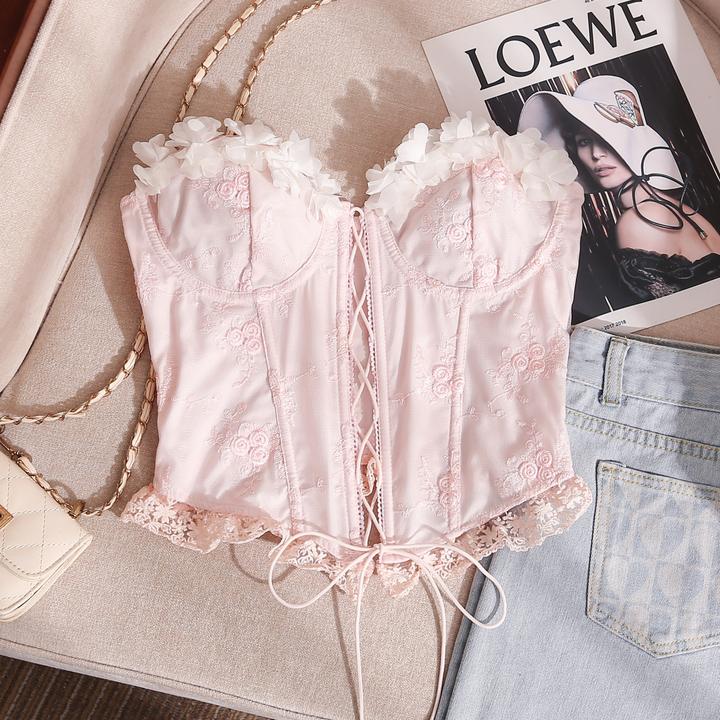 粉色蕾丝花边拼接绑带无袖上衣女夏季纯欲甜辣风立体鱼骨抹胸背心