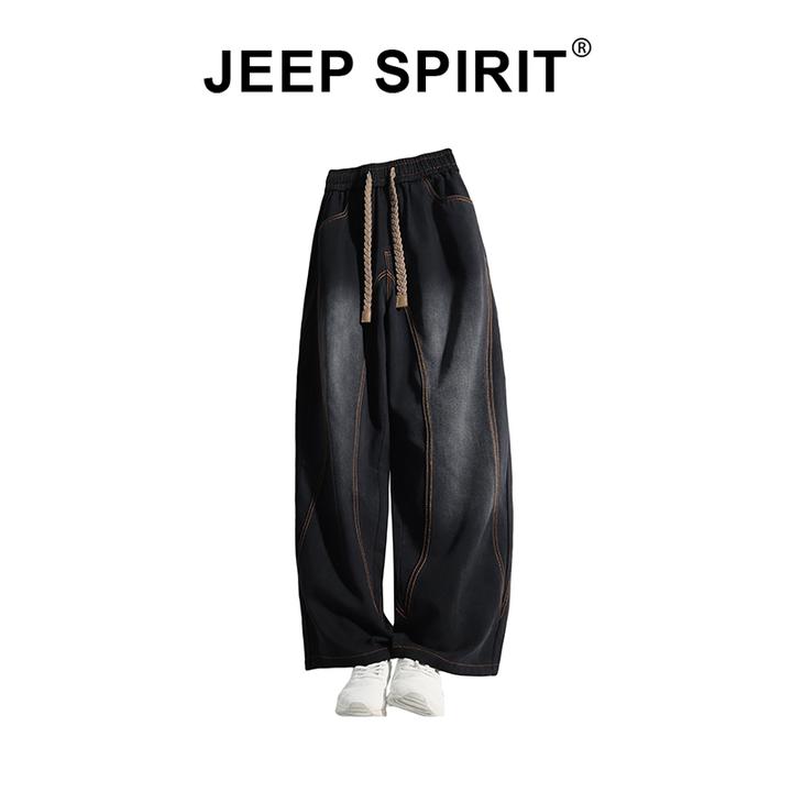 JEEPSPIRIT吉普美式复古秋冬潮牌vibe宽松加绒阔腿男士弯刀牛仔裤