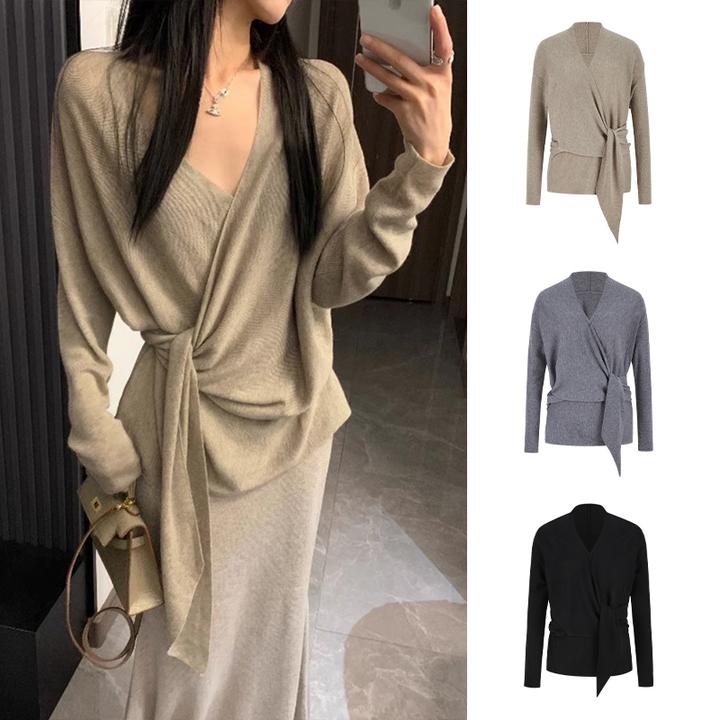 Moses Queen/魔西女王慵懒风早春v领设计交叉绑带收腰针织衫上衣