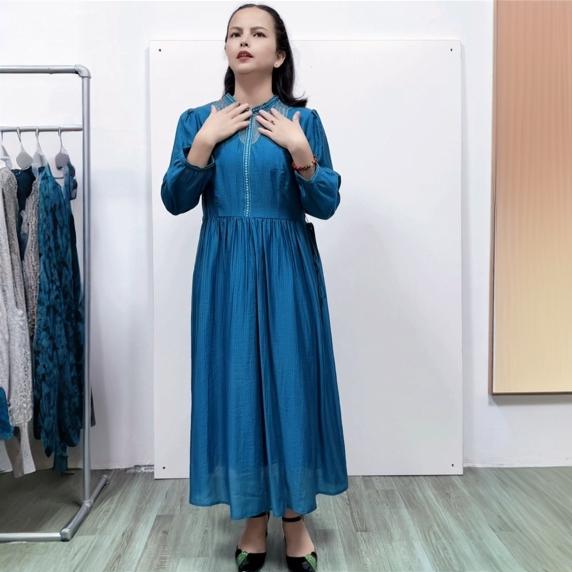 春夏桂系圆领九分袖淑女民族风优雅气质修身A字摆纯色中长连衣裙