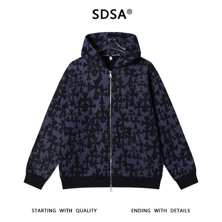 SDSA男士秋冬新款痞帅男装满天星撞色十字拉链连帽卫衣百搭外套潮