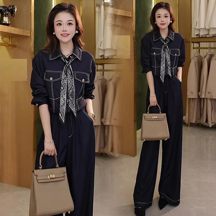 时髦牛仔套装女2025秋季新款洋气显瘦短外套阔腿裤气质减龄两件套