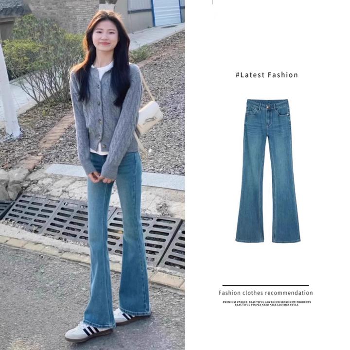 美式辣妹高腰微喇牛仔裤女2025春秋新款小个子修身显瘦马蹄喇叭裤