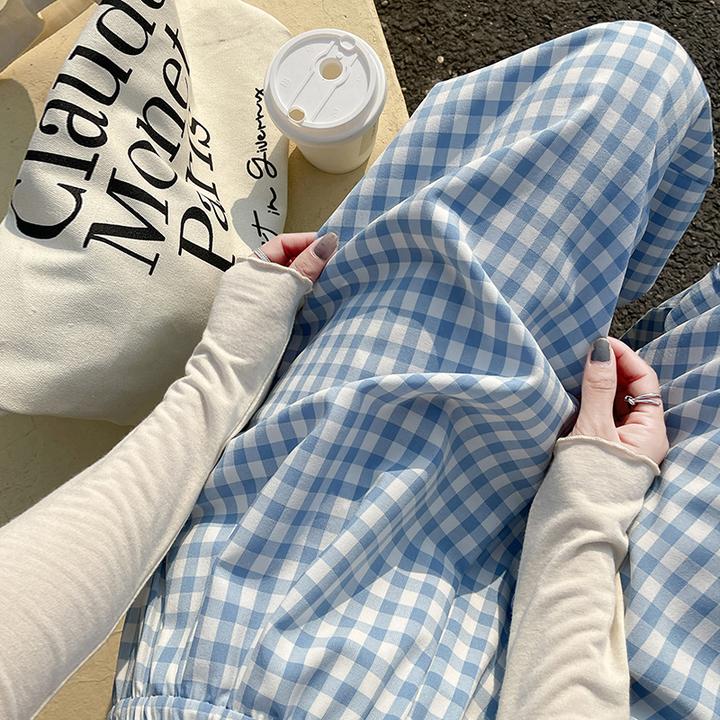 复古蓝色冰丝格子裤女2025新款高腰垂感拖地遛弯裤直筒阔腿休闲裤