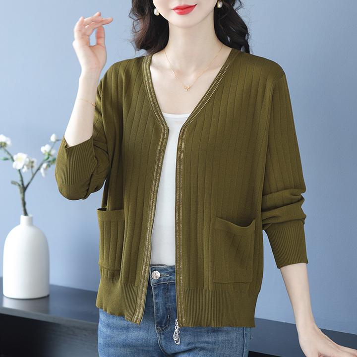 双拉链针织开衫女春秋薄款外搭上衣时髦洋气中年妈妈冰丝外套大码