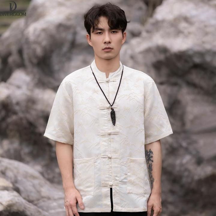 DIIIVERGOM禅意男装独楼夏季新中式上衣立领盘扣短袖衬衫中慵懒风