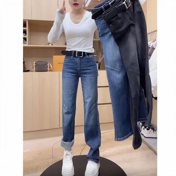 Aimeerosa/艾洛莎蓝色直筒牛仔裤女2025春季新款梨形显瘦阔腿长裤