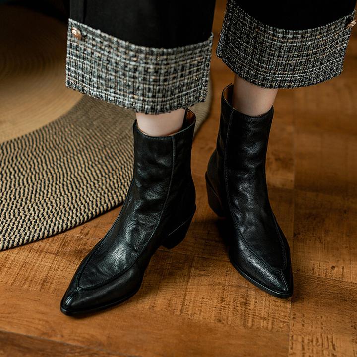 5.5cm~高级感真皮西部牛仔靴女2025秋冬新款尖头粗跟复古舒适短靴