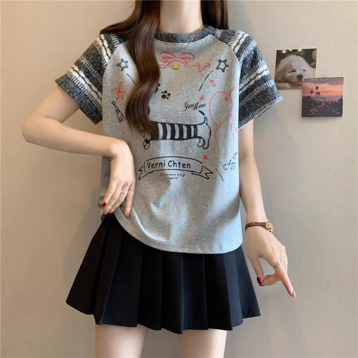 新款复古插肩短袖宽松显瘦减龄腊肠狗涂鸦印花女上衣大码潮流创意