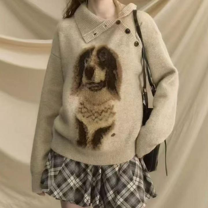 早安小腊肠套头毛衣女秋冬小狗复古宽松慵懒风外穿针织衫毛衣