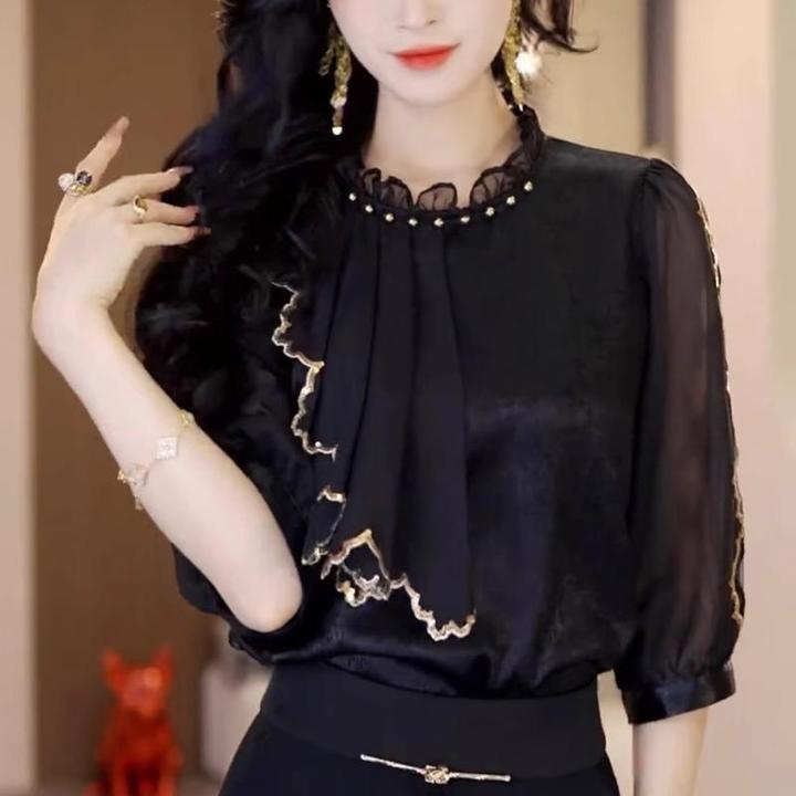 淳启不规则荷叶边拼接中袖雪纺衫女夏季设计感时尚独特气质七分袖