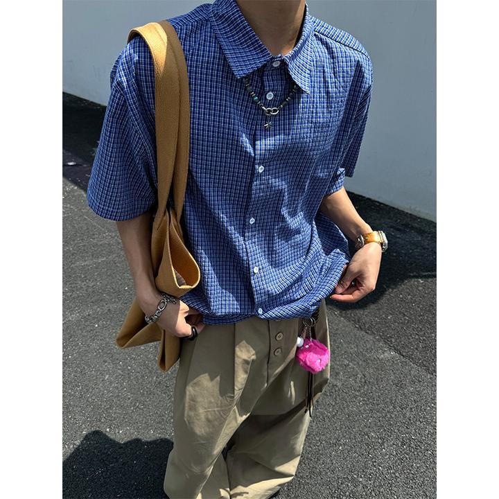 蓝色格子短袖衬衫男夏季高级感痞帅格纹衬衣cleanfit美式翻领半袖