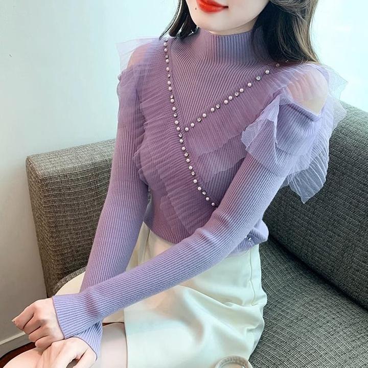 半高领钉珠露肩毛衣女秋冬新款爆款网纱高级感时尚洋气针织打底衫