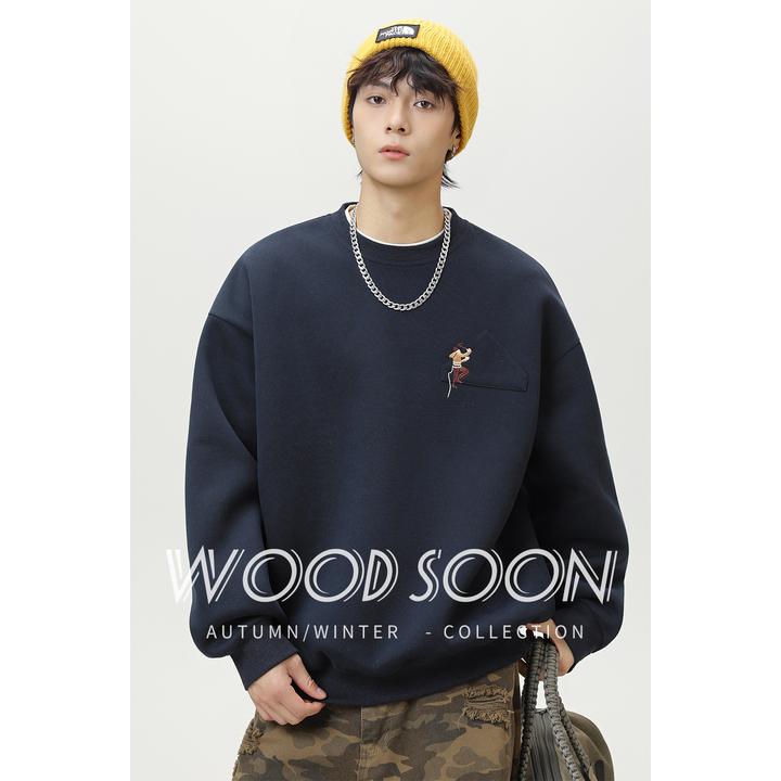 WOODSOON圆领长袖卫衣男士潮流2025新款休闲打底衫宽松秋冬季上衣