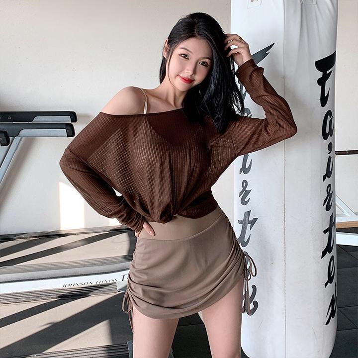 annerun休闲性感运动罩衫女宽松透气速干衣跑步露肩健身短袖高贵