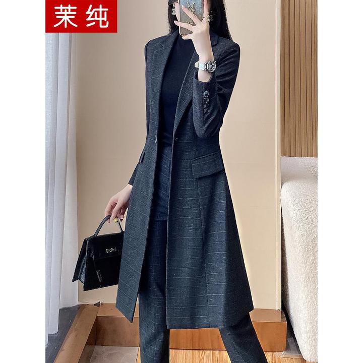 西装外套女高级感炸街藏青色格子长款工装西服洋气气质职业工作服