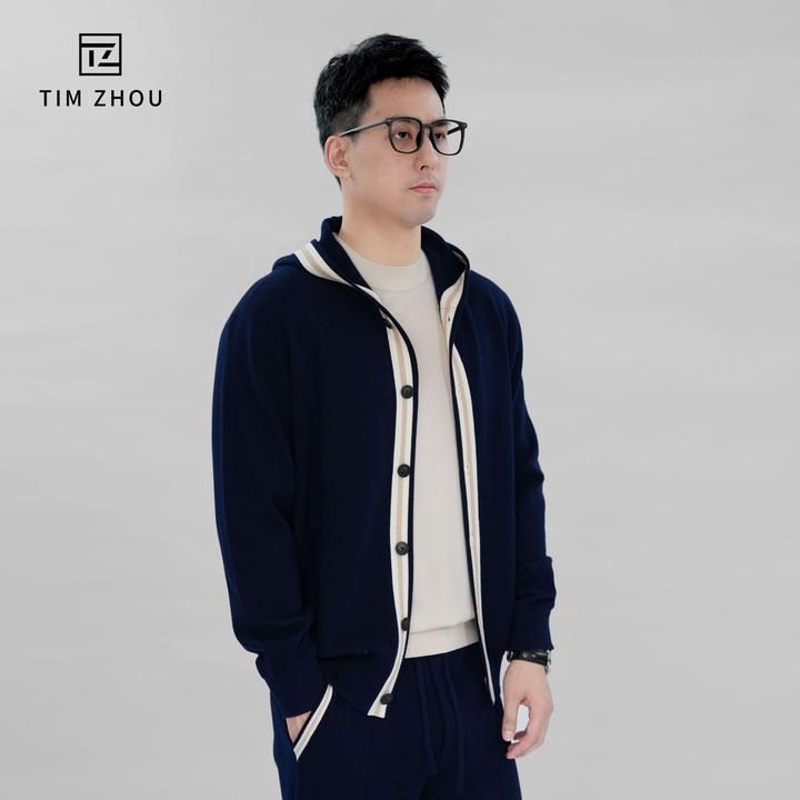 TIM ZHOU秋季超细羊毛可机洗男士连帽开衫商务休闲透气秋季穿搭