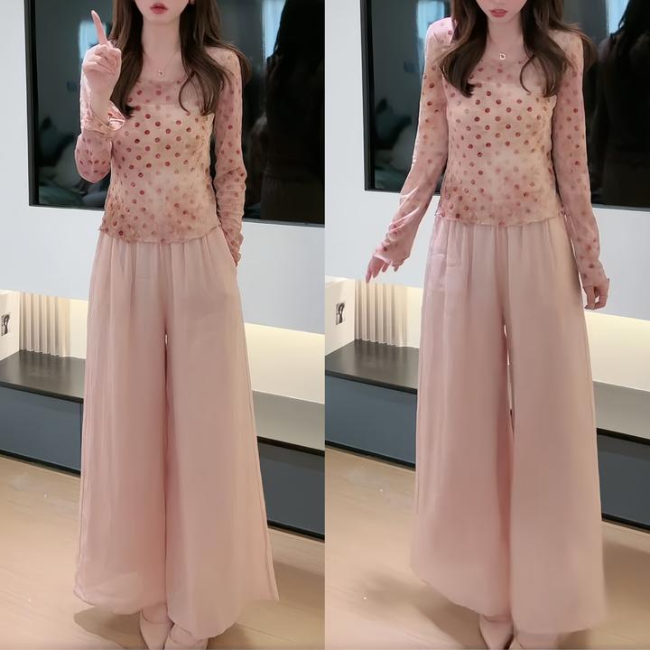 早春穿搭一整套女装气质长袖波点打底衫垂感休闲长裤财阀千金女装