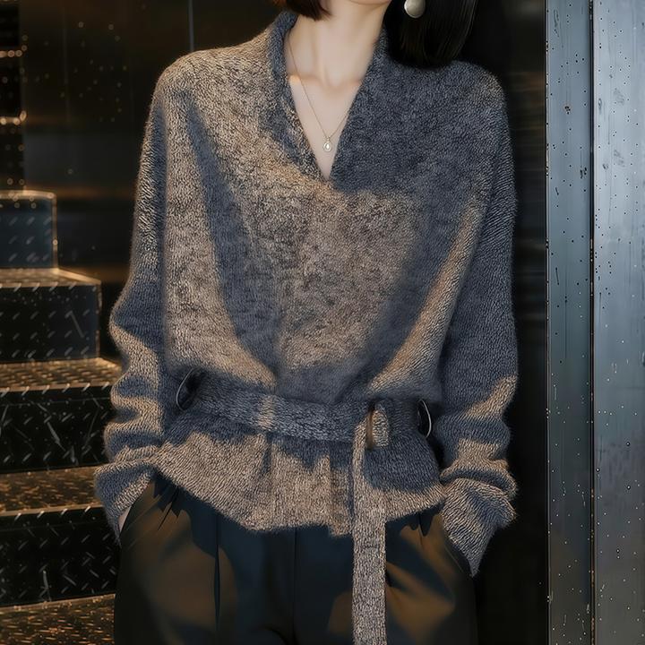 M983灰色V领针织开衫女秋冬慵懒高级感洋气减龄针织衫上衣