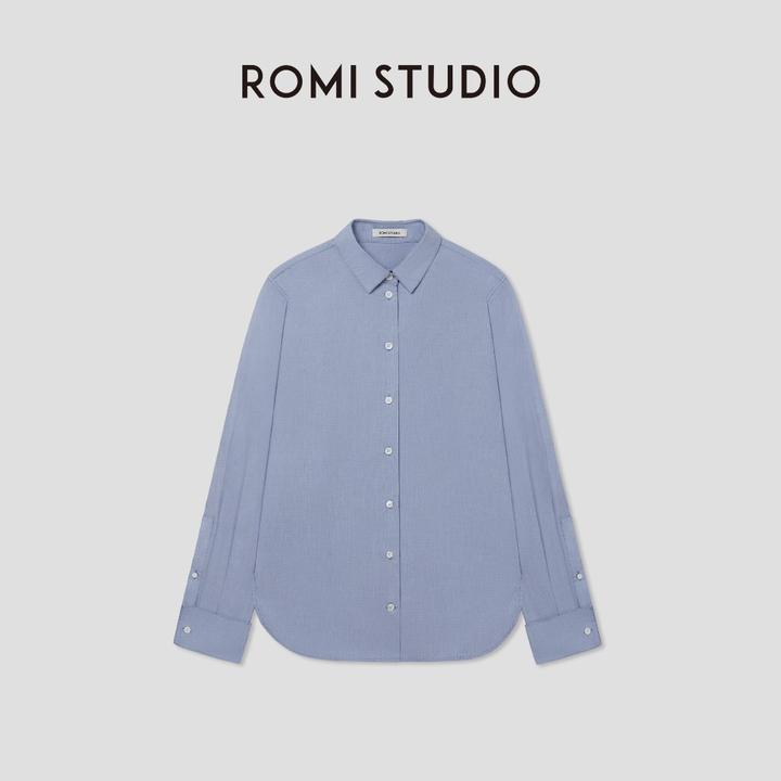ROMI STUDIO极简随性高支全棉浅蓝色翻领长袖衬衫RWCSST1826