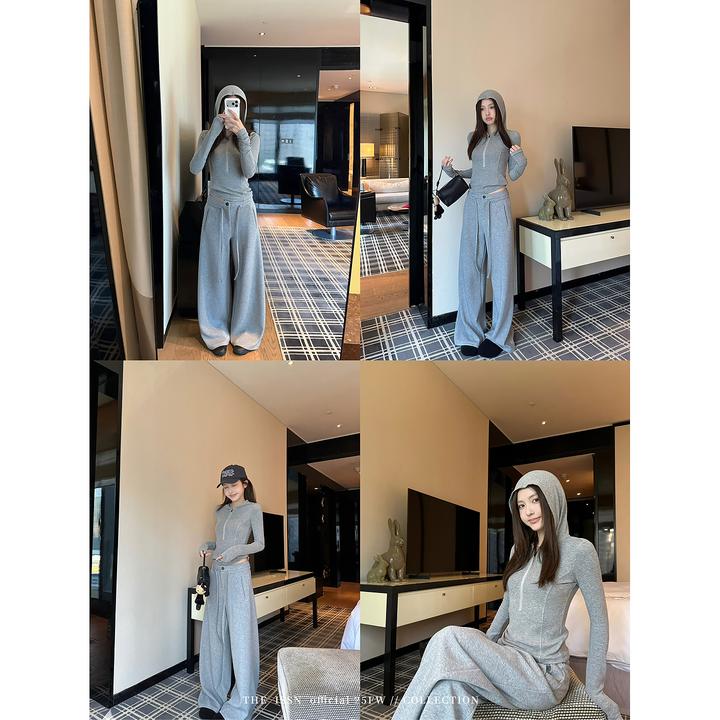 THEISSN宁司 半拉链连帽打底T恤女冬季抽绳长裤套装 01835/01824