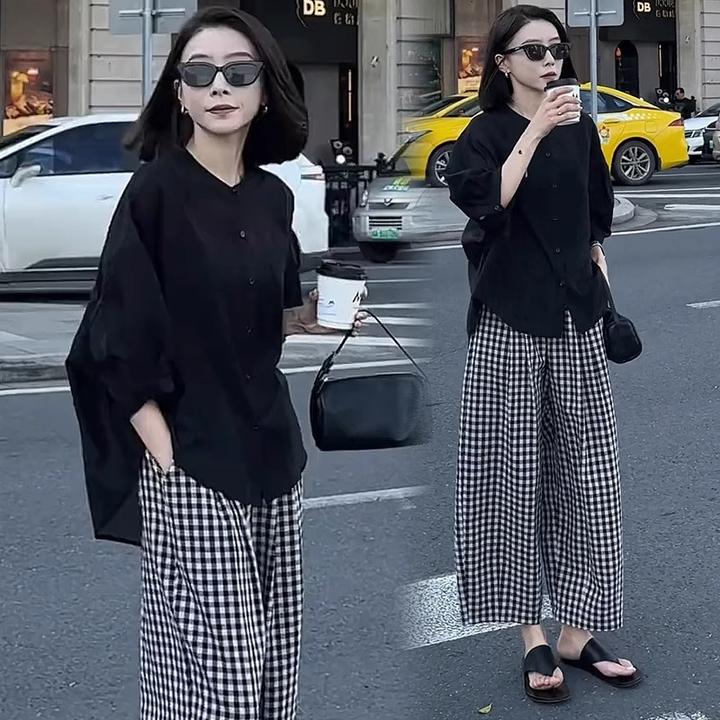 夏季新款宽松防晒开衫上衣格子裤洋气女休闲裤时尚显瘦春夏韩版