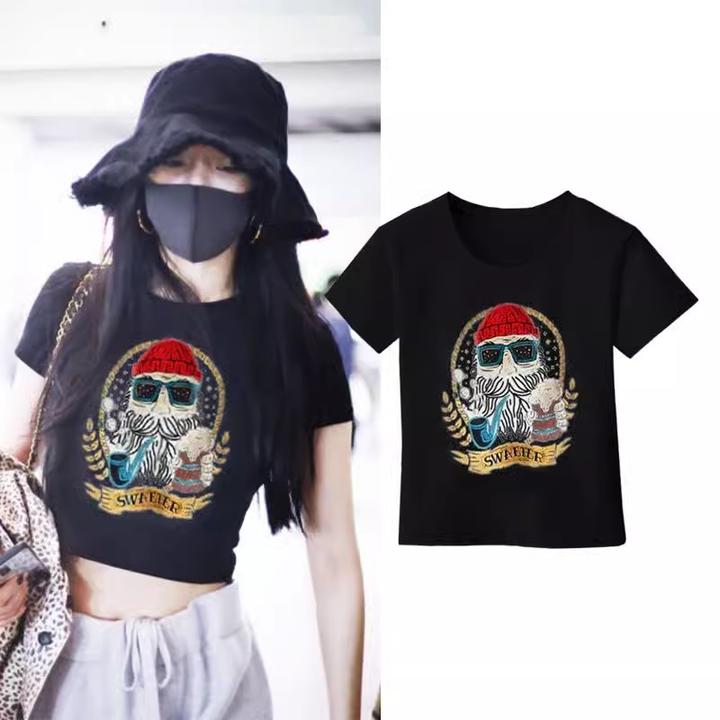 2025夏装新款搭配工装裤的露脐上衣女高腰显瘦图案印花网红短款