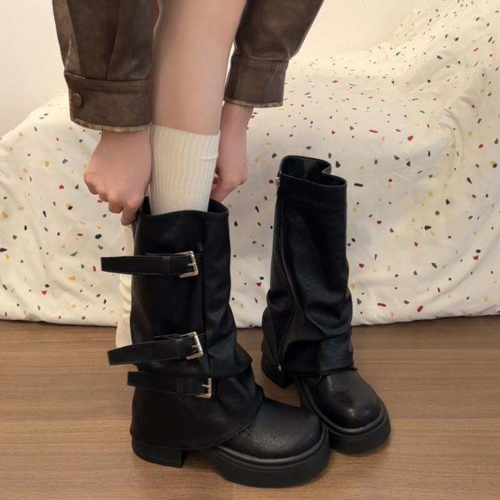 黑色高级感英伦风厚底马丁靴女款2025新款秋季配裙子显瘦两穿靴子