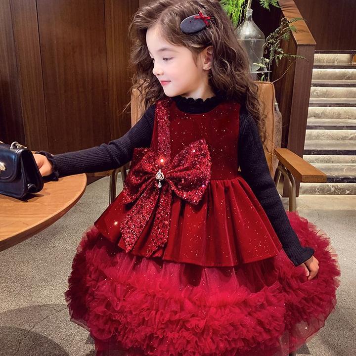 千金风女法式拜年服公主裙连衣裙红色加绒小女孩女宝秋冬冬季冬装