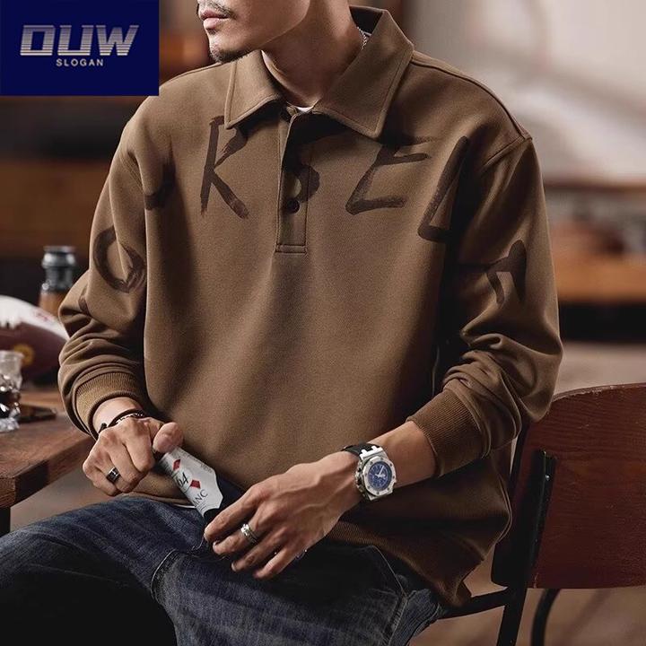 O.U.WPolo衫秋季男士潮流复古字母印花假两件免烫常规宽松长袖ins