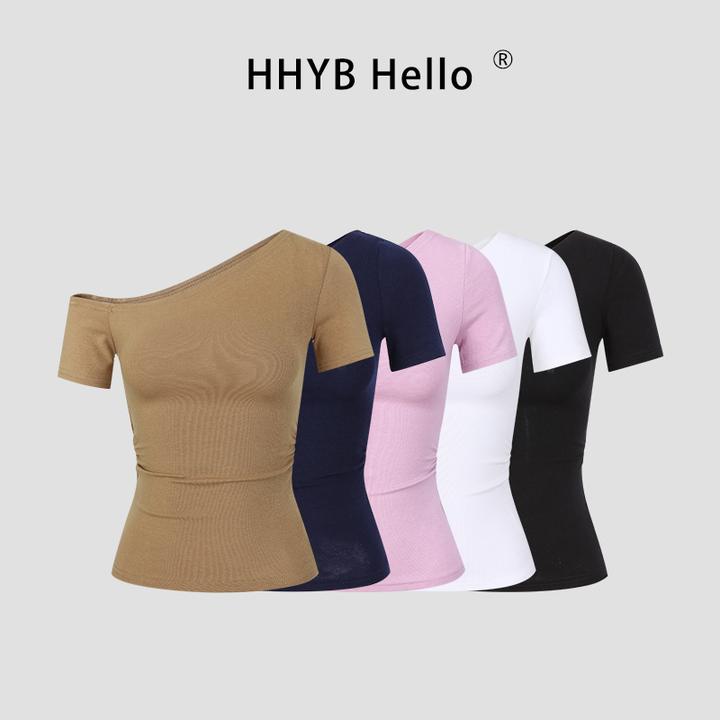 HHYB Hello韩系别致斜肩短袖T恤2025新款修身显瘦露肩上衣250585