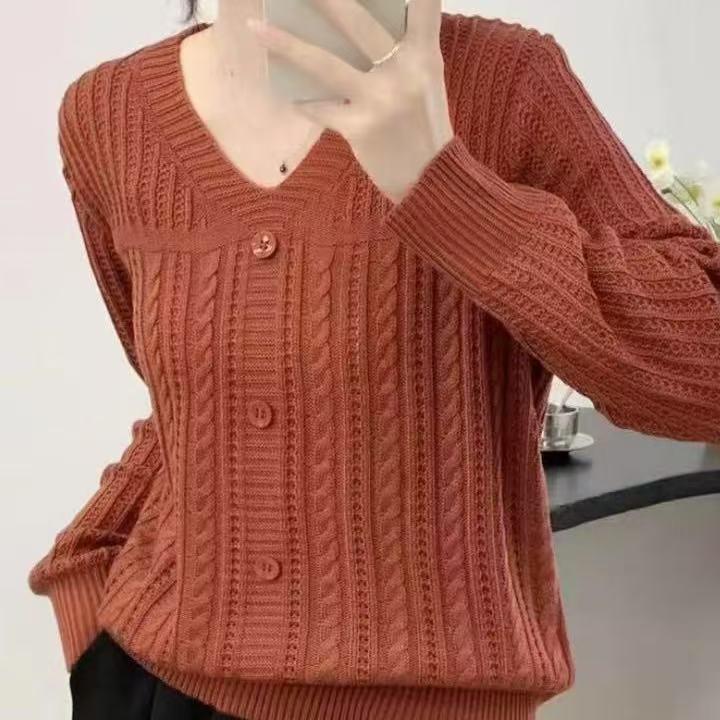 针织套头女 2025年早春新款宽松休闲灯笼袖纯色上衣V领长袖毛衣女