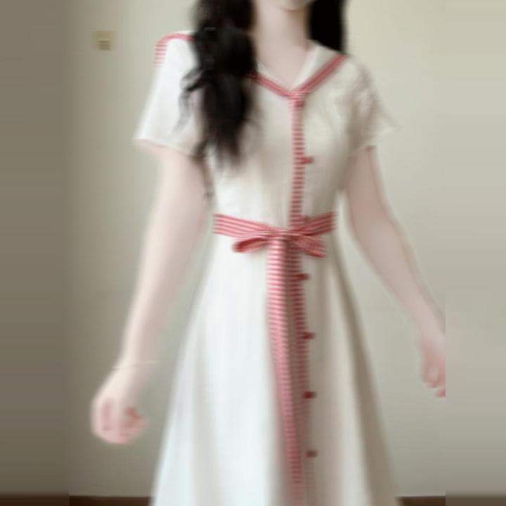 【清仓现货+运贴5米】白色海军领连衣裙子女绝美独特漂亮长裙3790