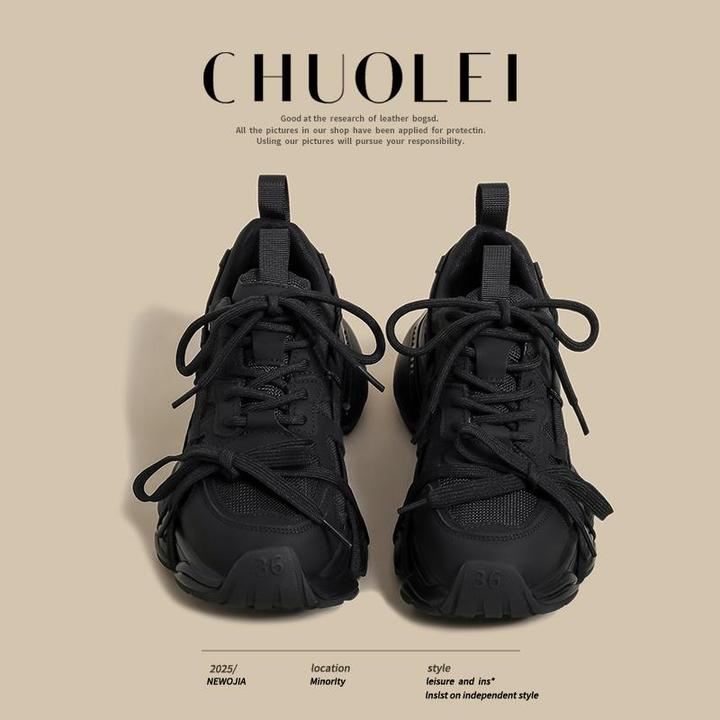 厚底老爹鞋女2025夏季新款小个子增高黑色双鞋带配阔腿裤运动鞋潮