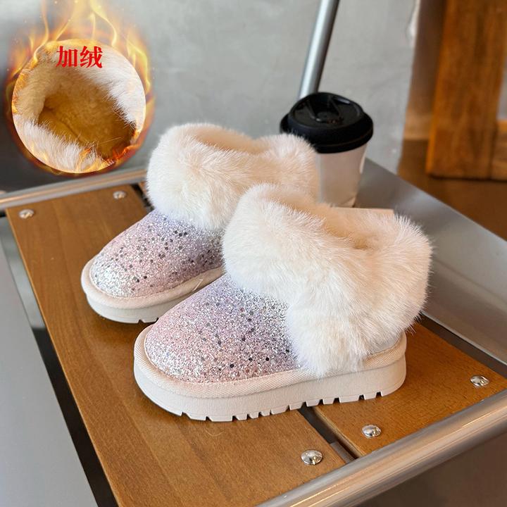 女童雪地靴2025冬季新款时尚亮片中大童防滑加厚毛毛保暖棉靴1210