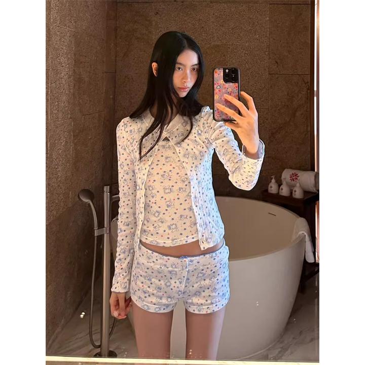 【爆款三件套】可爱卡通睡衣女春夏款性感纯欲吊带短裤长袖家居服