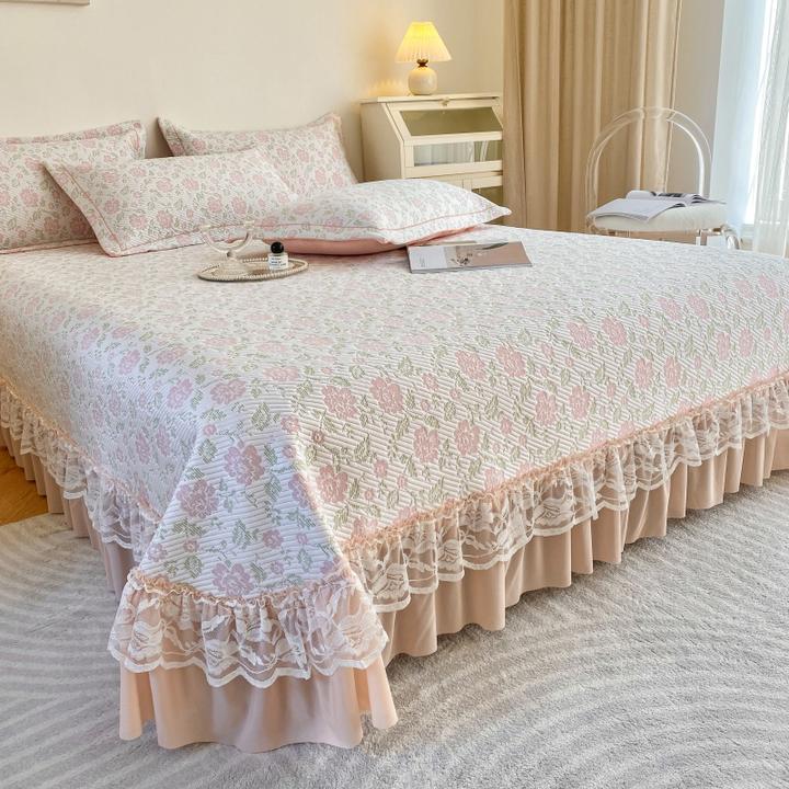 夏季小碎花田园公主风花边床盖三件套凉豆豆冰丝凉席空调软席防滑