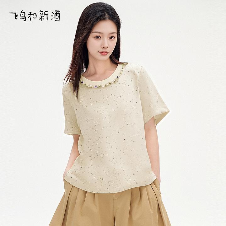 飞鸟和新酒设计感装饰纯棉T恤女短袖夏季休闲上衣FA53091057