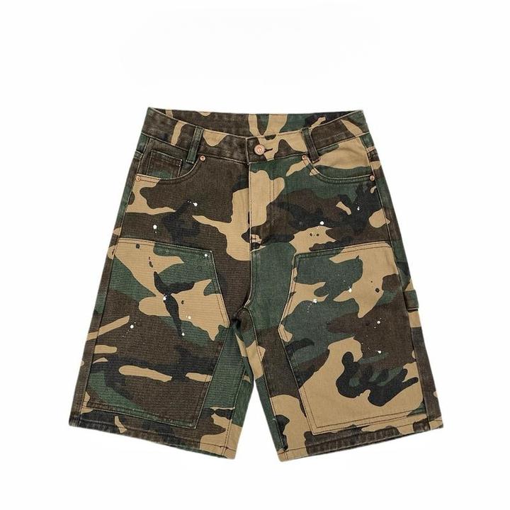 美式工装迷彩牛仔短裤高级泼墨牛仔五分短裤宽松休闲潮牌时尚中裤