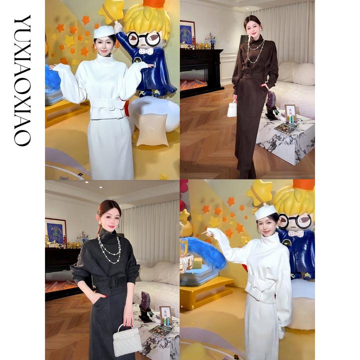 余潇潇【无声告白】山羊绒桑蚕丝莱赛尔混纺落肩高领上衣&直筒半裙