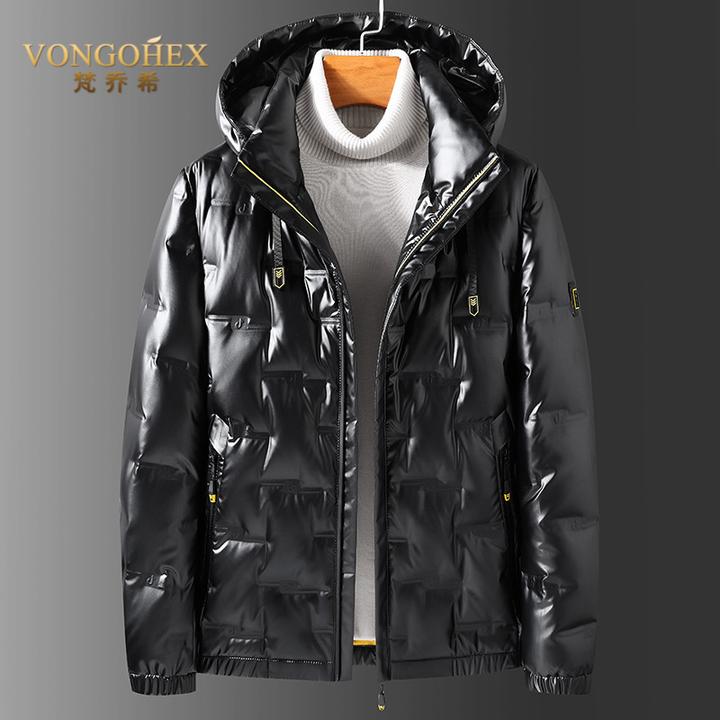 VONGOHEX连帽亮面羽绒服男白鸭绒保暖连帽外套秋冬季短款帅气百搭