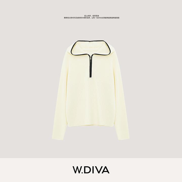 W.Diva【黑白间】超细绵羊毛高克重舒适连帽拉链针织衫3Z0324017