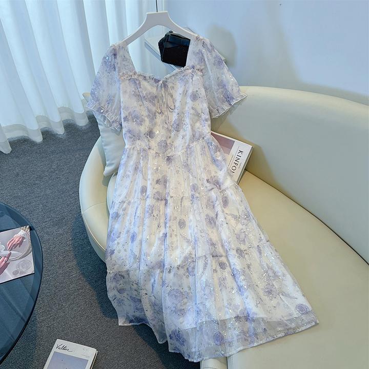 【午夜幻紫】300斤特大码胖mm法式气质显瘦不规则碎花连衣裙2025夏