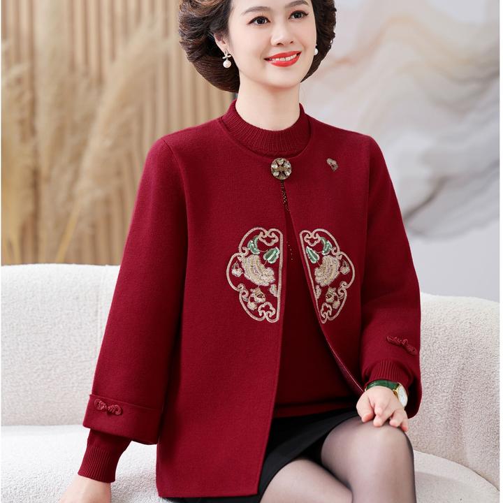 老年人奶奶秋装女针织毛衣秋季外套中老年妈妈红色本命年婚礼上衣