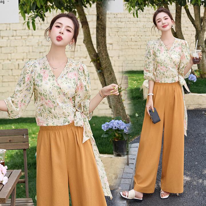 法式复古碎花系带短袖衬衫阔腿裤套装2025夏季新款设计感两件套潮
