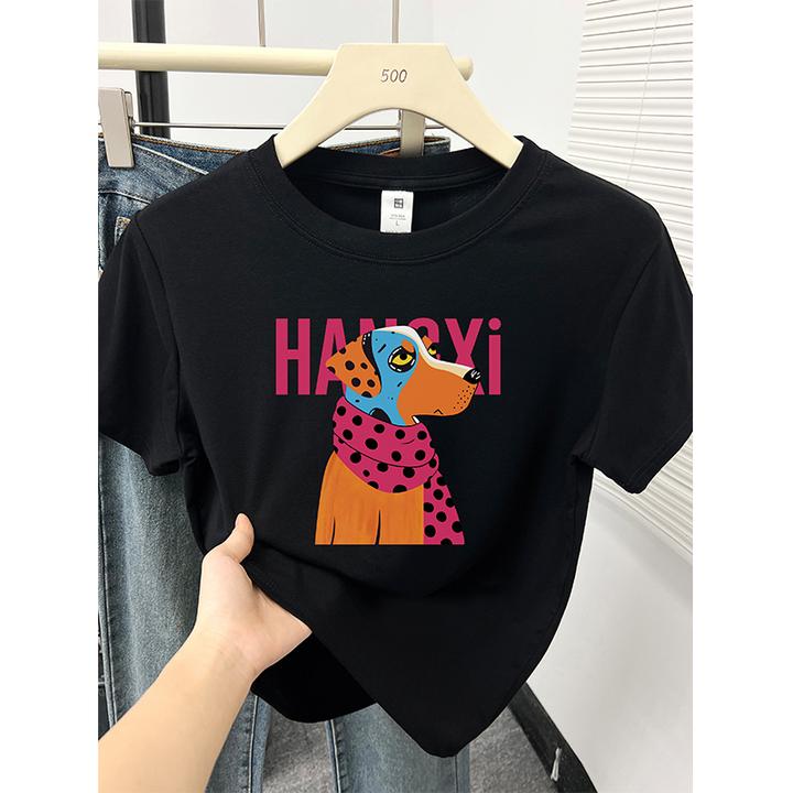大码胖mm正肩短袖T恤女夏季新款狗狗印花休闲圆领半袖显瘦上衣潮