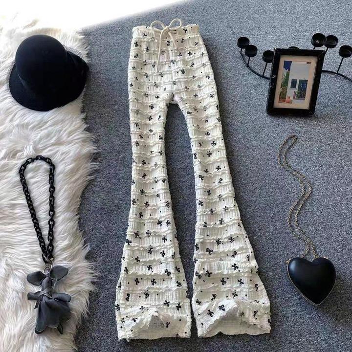 白色蝴蝶结印花微喇叭裤女春新款梨形穿搭夏季纯色休闲阔腿裤