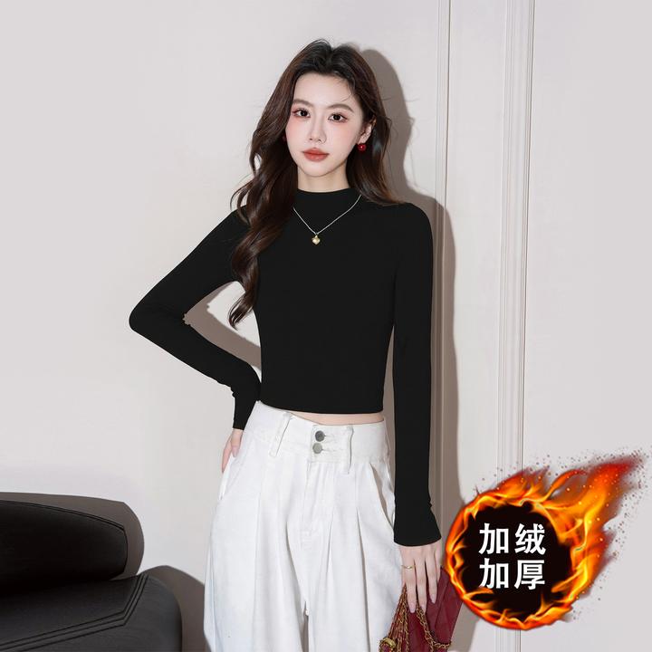黑色加绒加厚打底衫女秋冬内搭2025年新款高腰露脐短款保暖上衣潮