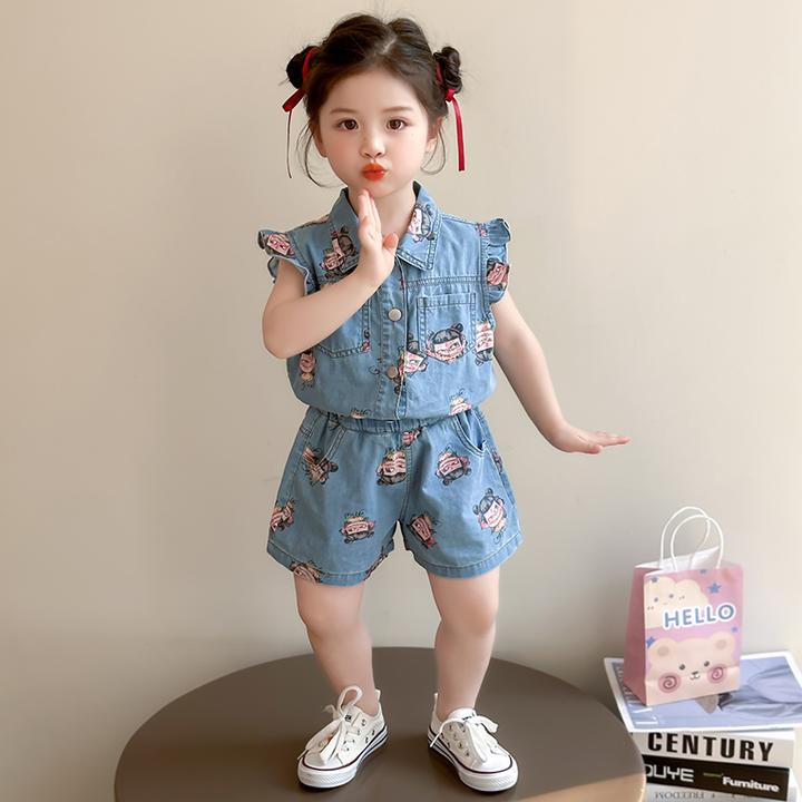 女童夏季牛仔套装2025新款儿童洋气飞袖背心哪吒短裤两件套夏装潮
